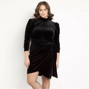 New Eloquii Velvet Velour Black Puff Shoulder Faux Wrap Long Sleeve Mini Dress